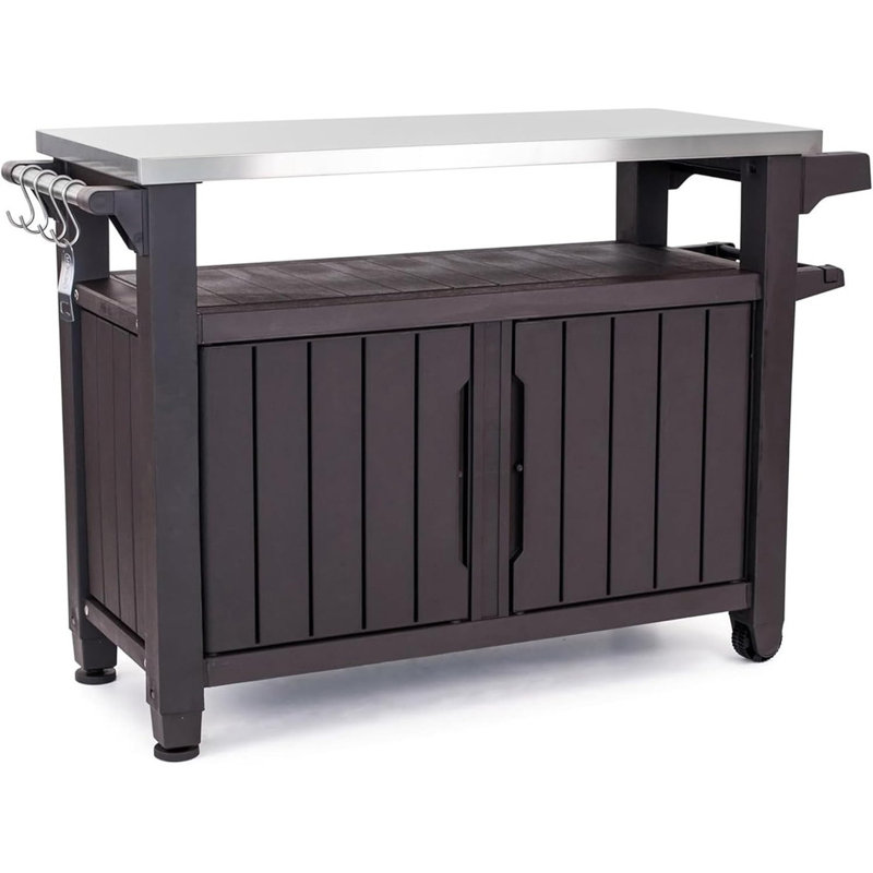 Keter Unity XL Outdoor Kitchen Rolling Bar Cart with Storage Cabinet, Brown